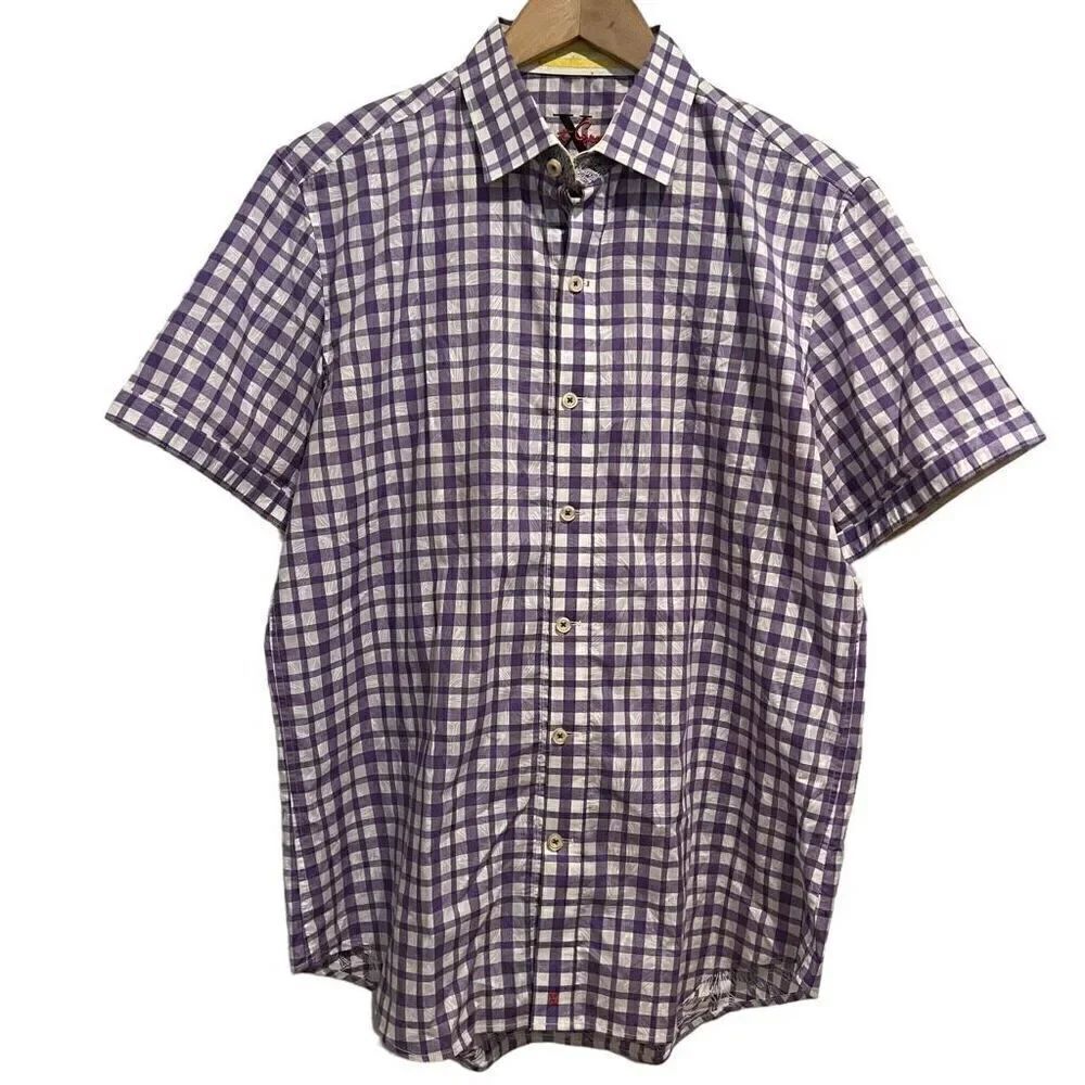 Robert Graham Purple Window Pane Short Sleeve Button Down Shirt Size M